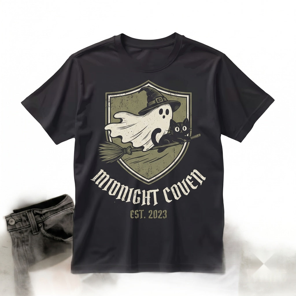 Spooky Halloween Ghost Witch Black Cat Broomstick Night Sky Autumn Seasonal Gift Graphic Unisex TShirt