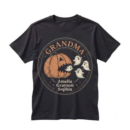 Personalized Pumpkin Chasing Ghosts Halloween Grandma Grandkids Names Fall Graphic Unisex TShirt