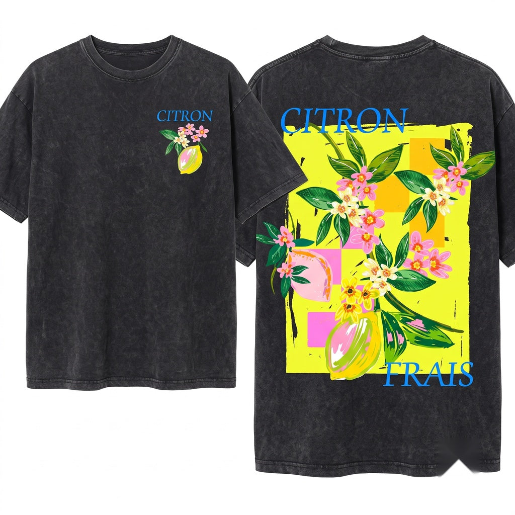 Citron Frais French Lemon Vintage Fruit Graphic Top Unisex Wash T-Shirt