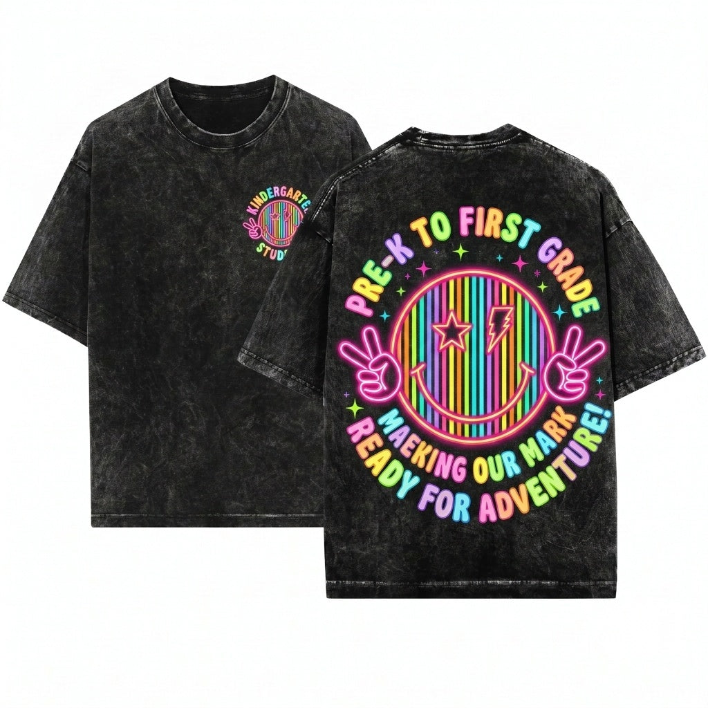 Neon Happy Face Retro Back To School Teacher Student Colorful Lightning Bolt Grade Kids Unisex Wash T-Shirt