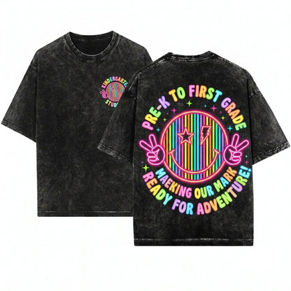 Neon Happy Face Retro Back To School Teacher Student Colorful Lightning Bolt Grade Kids Unisex Wash T-Shirt