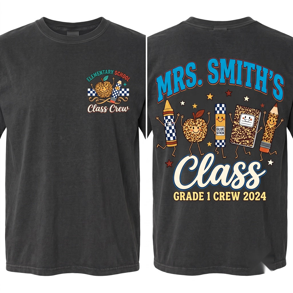 Leopard Checkered School Supplies Custom Teacher Name Back To Classroom Gift Unisex Wash T-Shirt