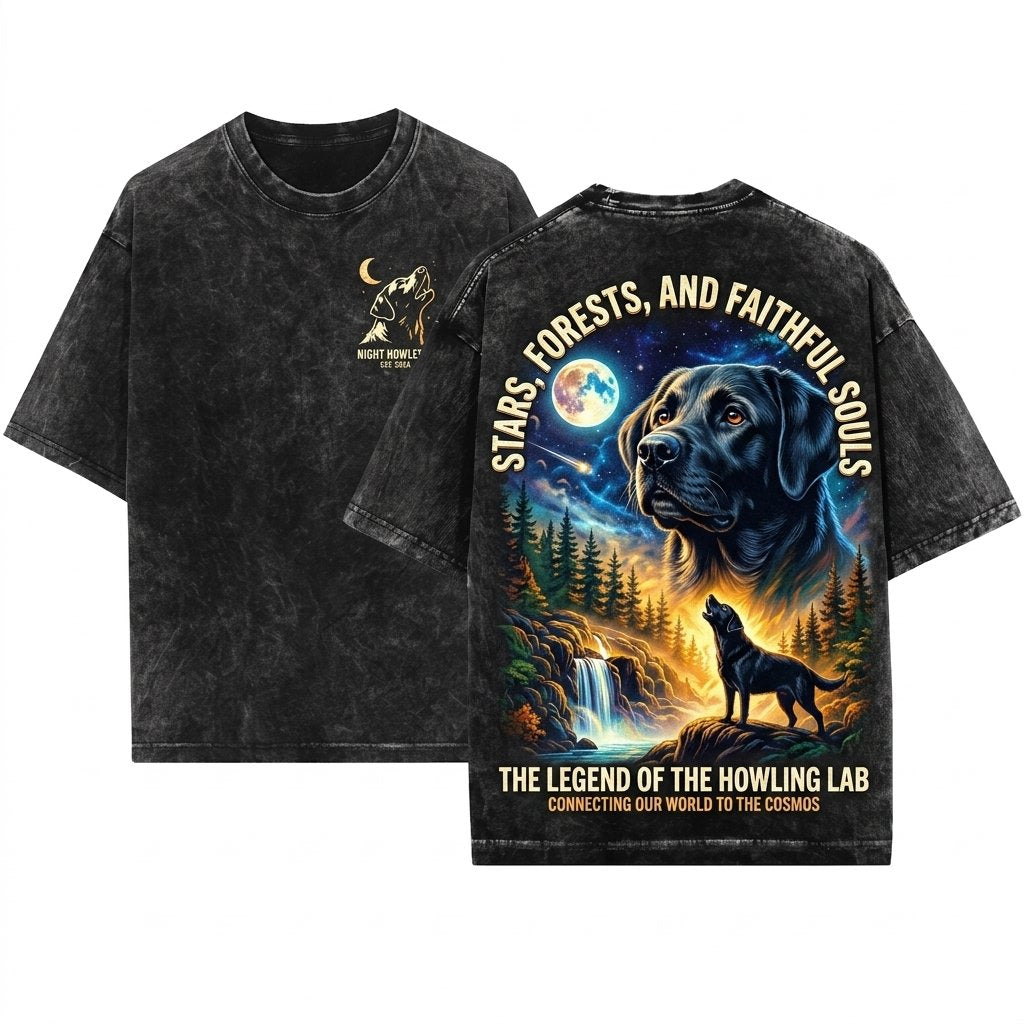 Vintage Black Labrador Retriever Howling Moon Graphic 90s Retro Animal Gift Unisex Wash T-Shirt