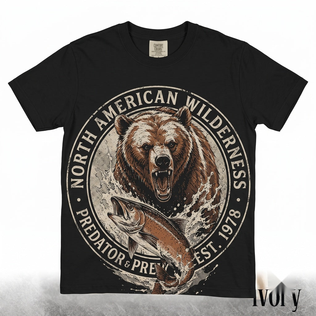 Retro Grizzly Bear Salmon Graphic Fishing Wildlife Rugged River Wilderness Outdoorsman Gift Unisex TShirt