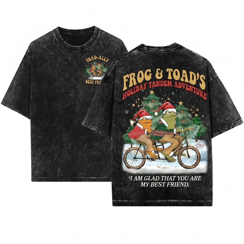 Cute Frog Toad Best Friends Front Back Graphic Christmas Holiday Gift Unisex Wash T-Shirt