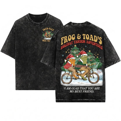 Cute Frog Toad Best Friends Front Back Graphic Christmas Holiday Gift Unisex Wash T-Shirt