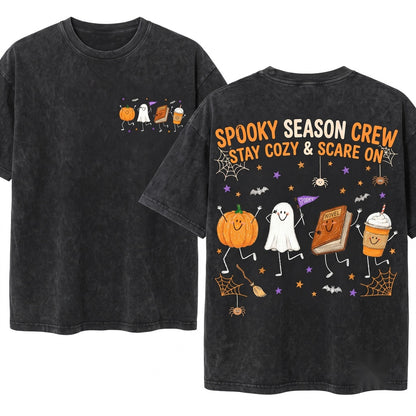 Cute Smiling Halloween Pumpkin Ghost Book Coffee Reader Cozy Fall Graphic Doodles Unisex Wash T-Shirt