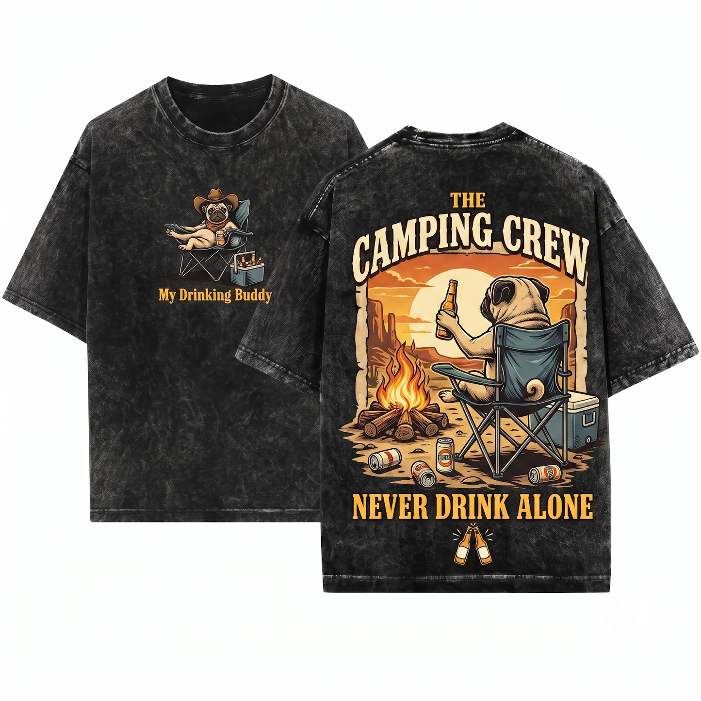 Chihuahua Never Drink Alone Graphic Tee - Funny Dog Drinking Buddy Western Mom Dad Gift Outdoor Camping Chair Unisex Heavyweight Garment-Dyed T-Shirt