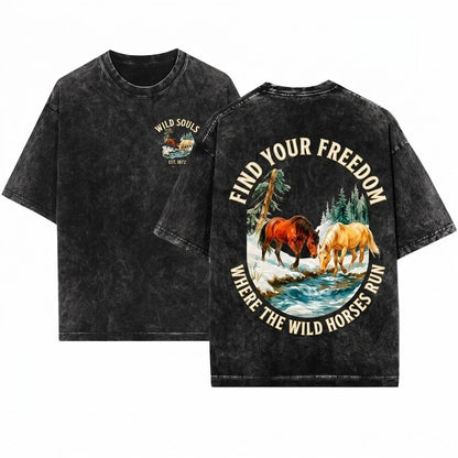 Wild Horses Vintage Graphic Cozy Woodland Animal Rustic Crewneck Unisex Wash T-Shirt