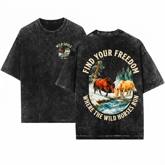Wild Horses Vintage Graphic Cozy Woodland Animal Rustic Crewneck Unisex Wash T-Shirt