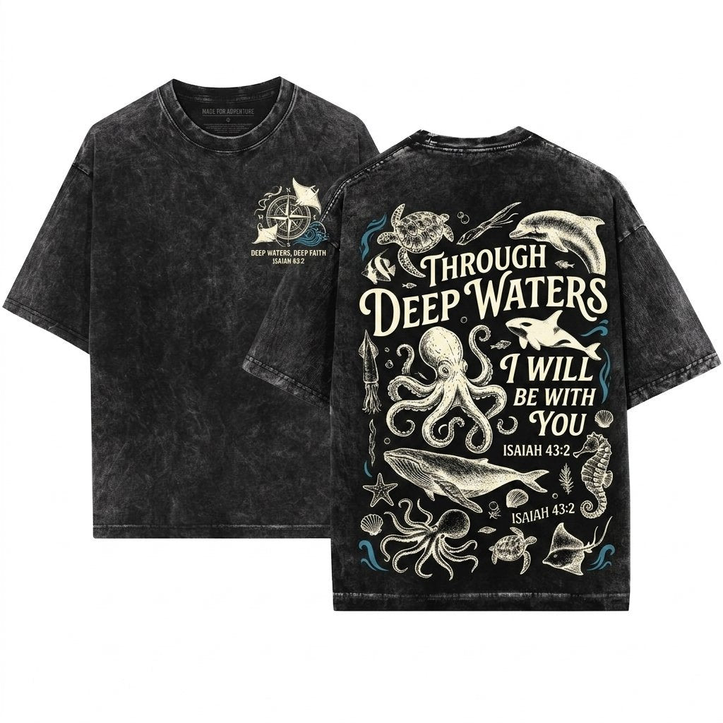 Bible Verse Graphic Sea Animals Tattoo Style Ocean Lover Top Jesus Quote 90s Vintage Aesthetic Unisex Wash T-Shirt