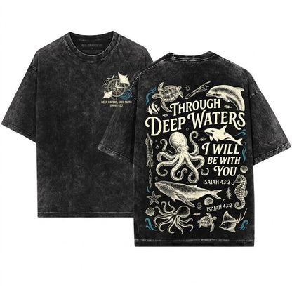 Bible Verse Graphic Sea Animals Tattoo Style Ocean Lover Top Jesus Quote 90s Vintage Aesthetic Unisex Wash T-Shirt