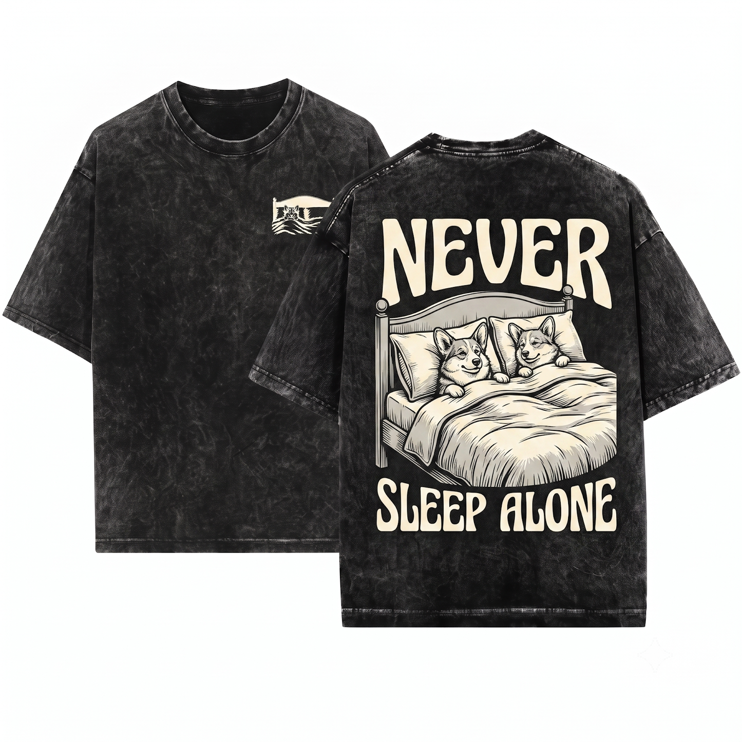 Funny Corgi Never Sleep Alone Pembroke Welsh Dog Mom Dad Gift Unisex Heavyweight Garment-Dyed T-Shirt