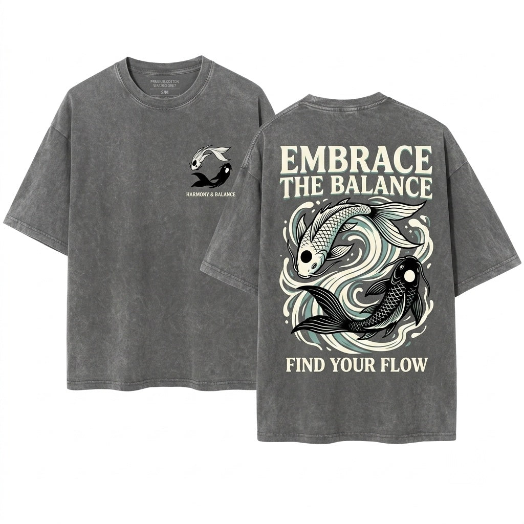 Moon Spirits Embroidered Northern Water Tribe Ocean Koi Fish Yin Yang Anime Unisex Wash T-Shirt