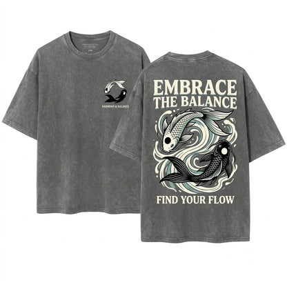 Moon Spirits Embroidered Northern Water Tribe Ocean Koi Fish Yin Yang Anime Unisex Wash T-Shirt