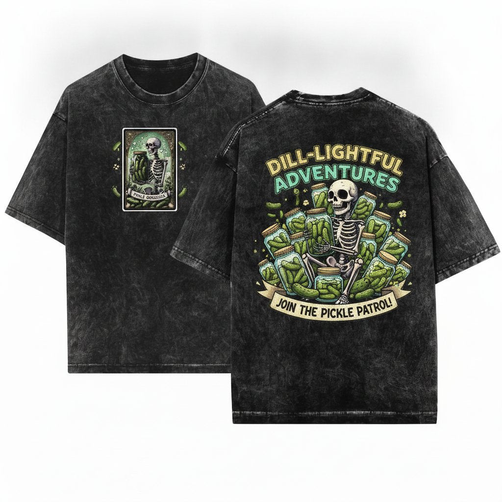 Vintage Tarot Pickle Skeleton Jar Lover Graphic Unisex Wash T-Shirt