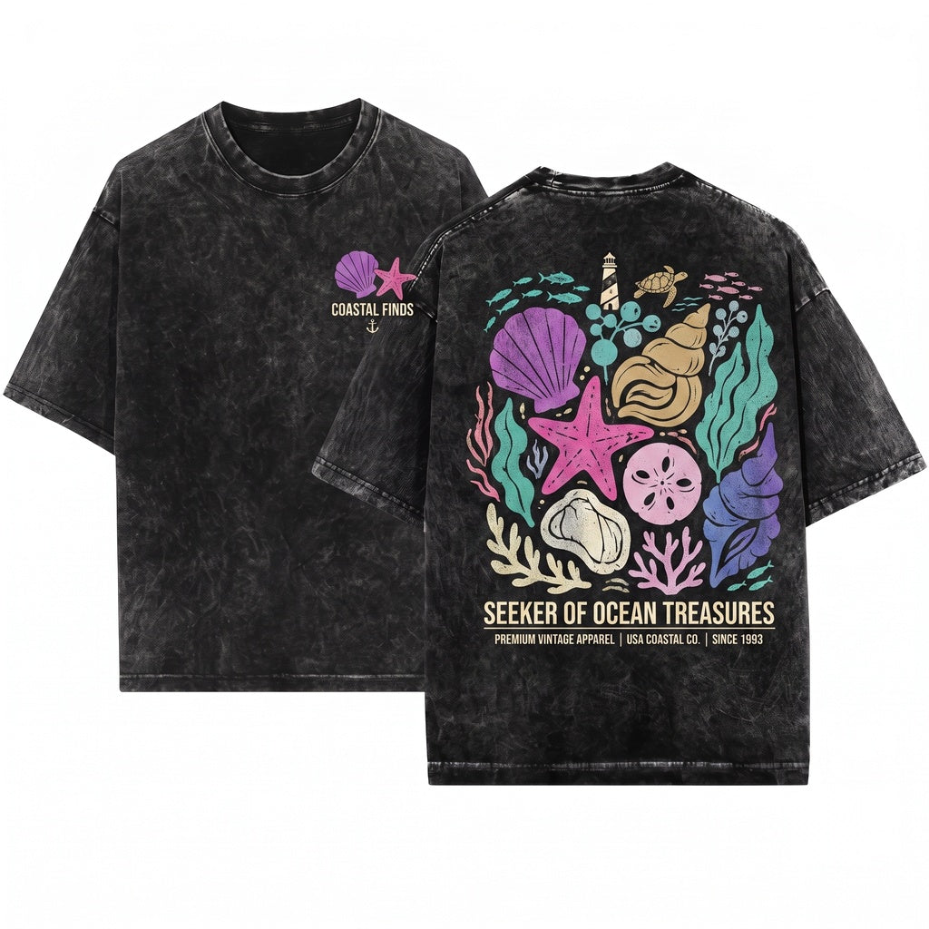 Coastal Seashell Pastel Starfish Ocean Summer Vacation Graphic Top Unisex Wash T-Shirt