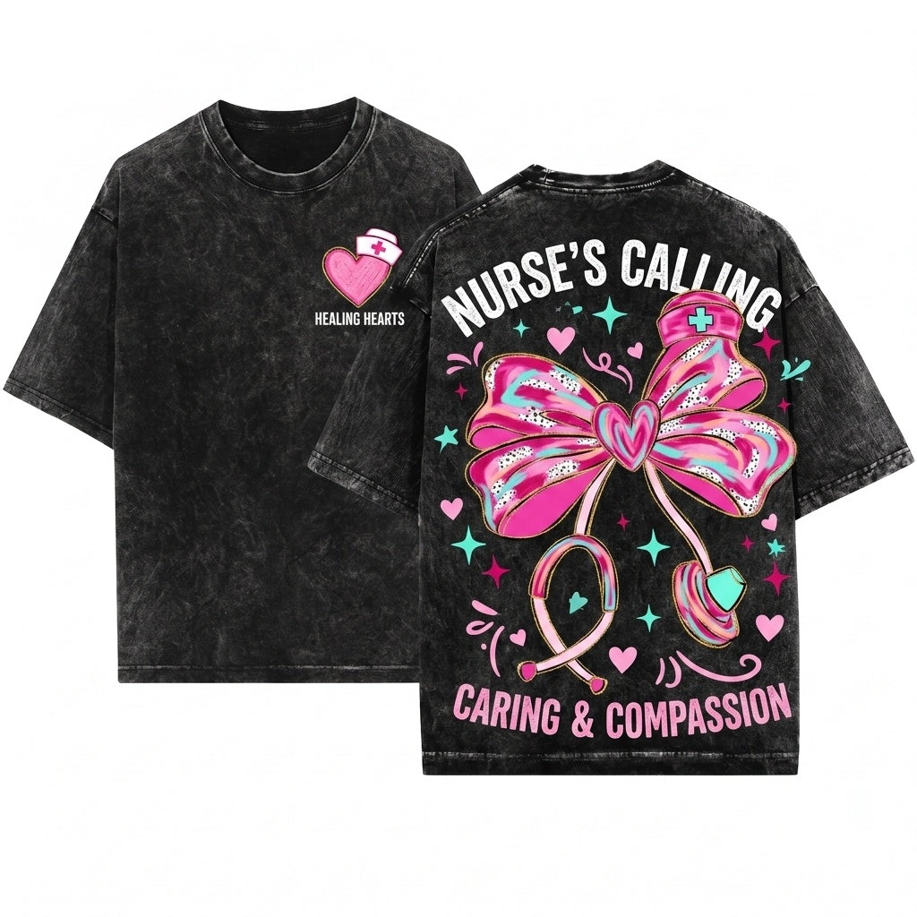 Cute Pink Brushstroke Stethoscope Heart Medical Nurse Bow Valentine Graphic Unisex Wash T-Shirt