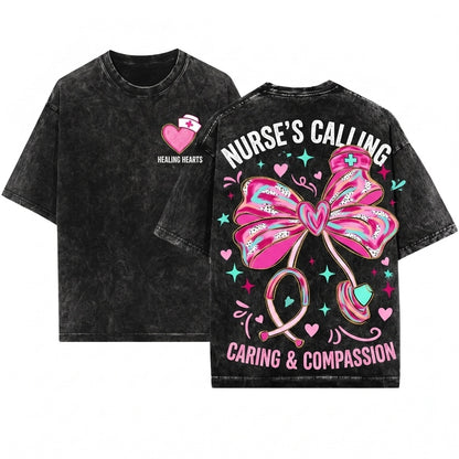 Cute Pink Brushstroke Stethoscope Heart Medical Nurse Bow Valentine Graphic Unisex Wash T-Shirt