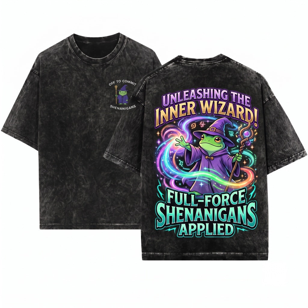 Off To Commit Shenanigans Funny Wizard Embroidered RPG Fantasy Humor Graphic Unisex Wash T-Shirt