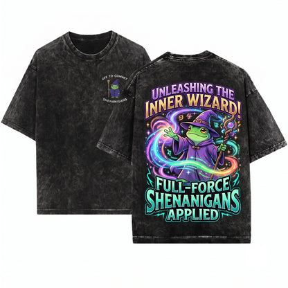 Off To Commit Shenanigans Funny Wizard Embroidered RPG Fantasy Humor Graphic Unisex Wash T-Shirt