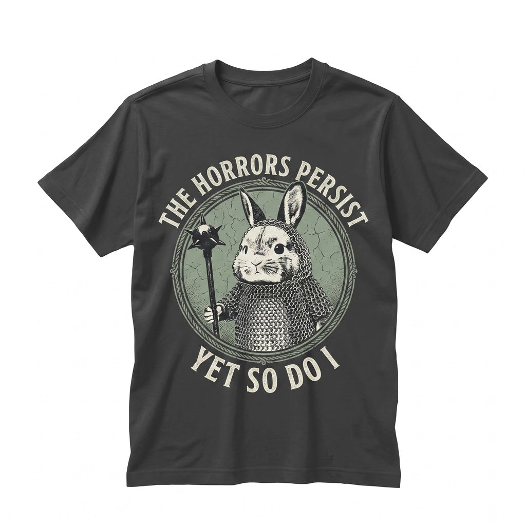 The Horrors Persist But So Do I Cute Bunny Sarcastic Meme Funny Mental Health Feral Deadly Unisex TShirt