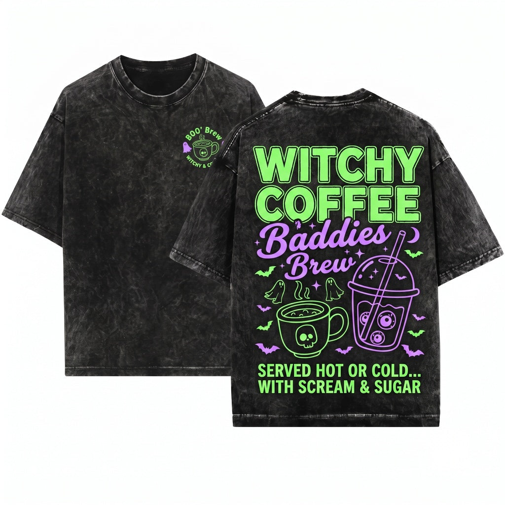 Cute Spooky Season Skeleton Ghost Pumpkin Spice Freshly Bood Halloween Coffee Lover Gift Unisex Wash T-Shirt