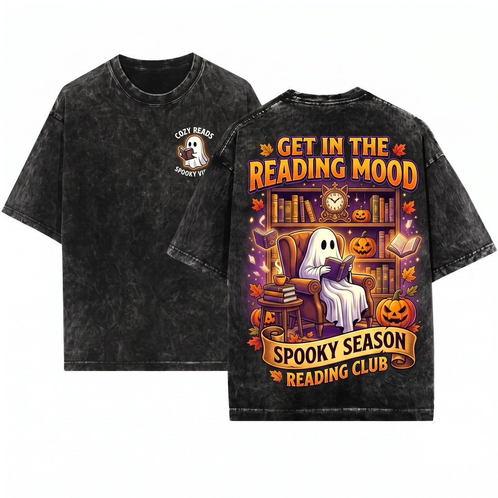 Cozy Halloween Ghost Reading Library Bookshelf Graphic Unisex Wash T-Shirt