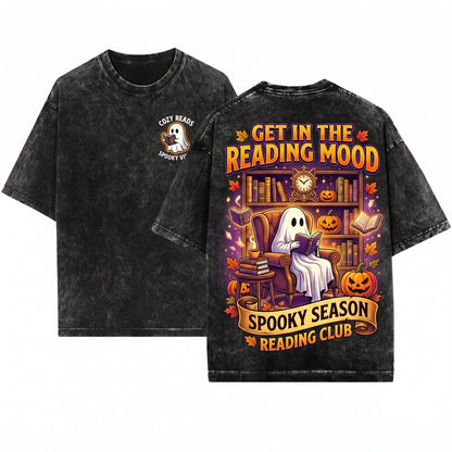 Cozy Halloween Ghost Reading Library Bookshelf Graphic Unisex Wash T-Shirt