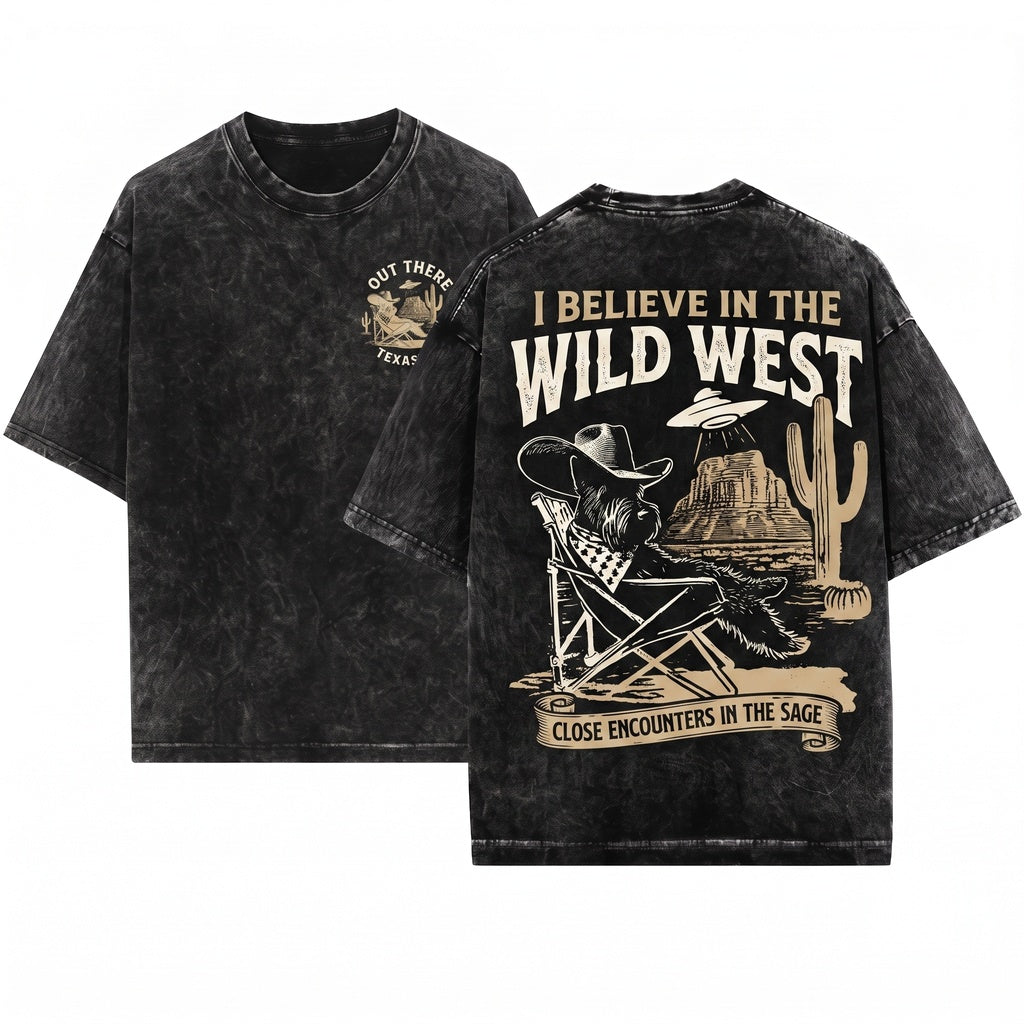 Vintage Western Cowboy Alien UFO Scottie Dog Mom Dad Gift Unisex Wash T-Shirt