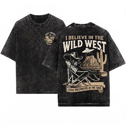 Vintage Western Cowboy Alien UFO Scottie Dog Mom Dad Gift Unisex Wash T-Shirt