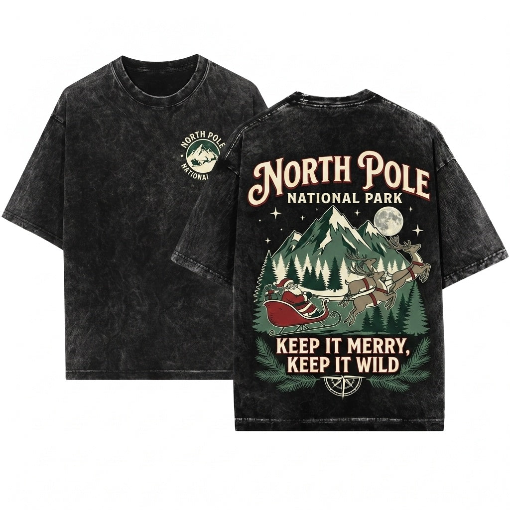 North Pole National Park Christmas Vintage Graphic Unisex Wash T-Shirt