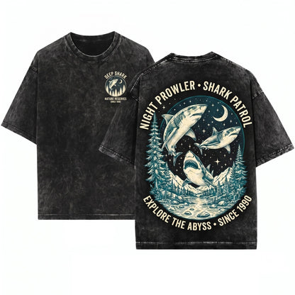 Mystic Shark Moonlit Ocean Wildlife Vintage Nature Adventure Marine Graphic Unisex Wash T-Shirt