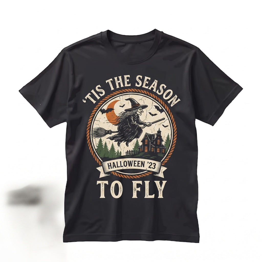 Tis The Season Halloween Flying Witch Broom Haunted House Aesthetic Autumn Fall Holiday Gift Apparel, Unisex TShirt