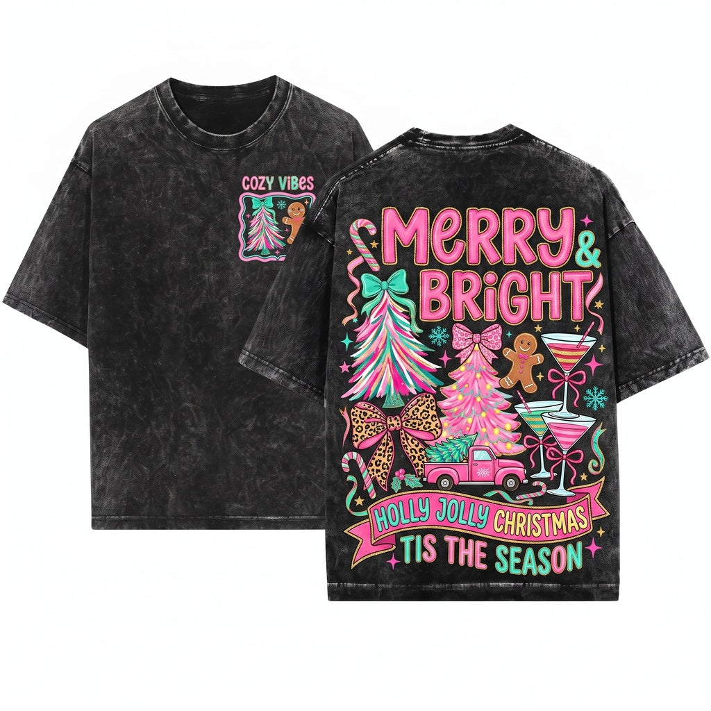 Pink Blue Preppy Christmas Bundle Merry & Bright Floral Coquette Doodles Tree Unisex Wash T-Shirt
