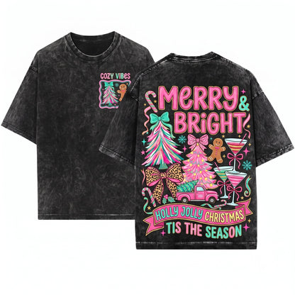 Pink Blue Preppy Christmas Bundle Merry & Bright Floral Coquette Doodles Tree Unisex Wash T-Shirt