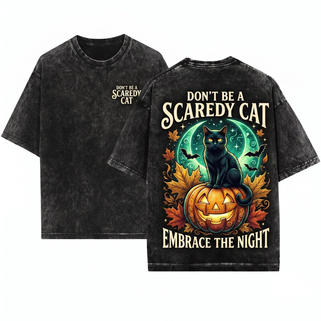 Black Cat Vintage Spooky Season Graphic Unisex Wash T-Shirt