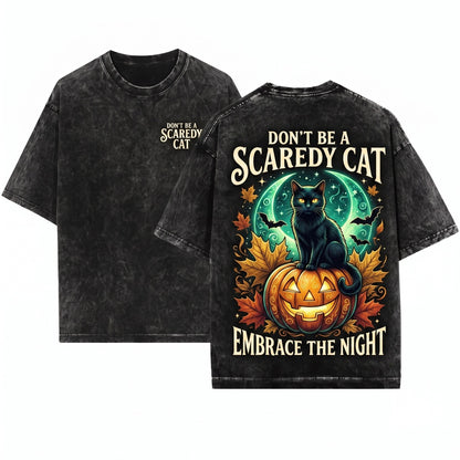 Black Cat Vintage Spooky Season Graphic Unisex Wash T-Shirt