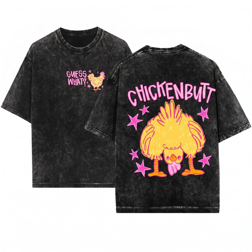 Guess What Chicken Butt Funny Gen Z Humor Animal Two Sided Front Back Oversized Unisex Wash T-Shirt