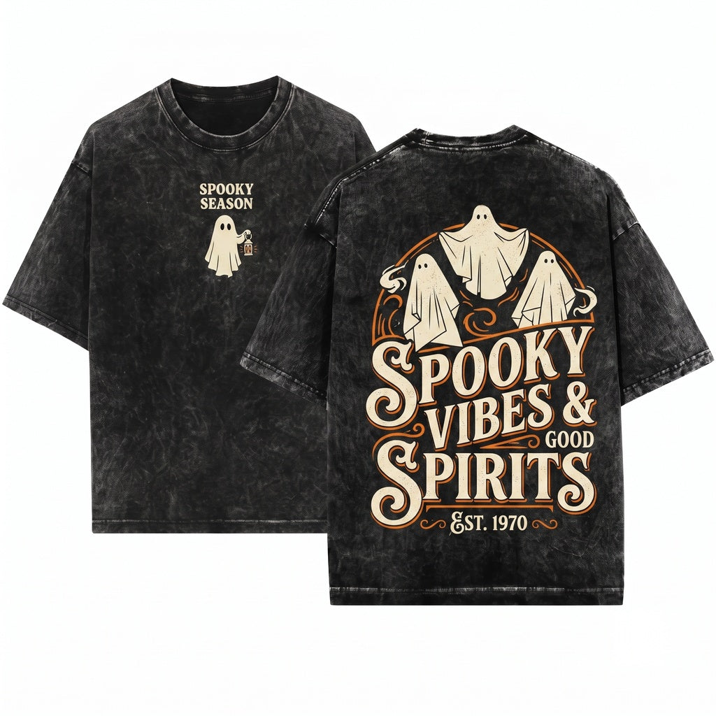 Retro Vintage Halloween Ghost Haunted House Spooky Season Vibes Womens Boxy Cropped Unisex Wash T-Shirt