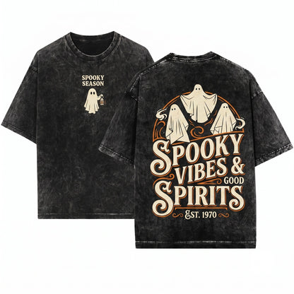 Retro Vintage Halloween Ghost Haunted House Spooky Season Vibes Womens Boxy Cropped Unisex Wash T-Shirt