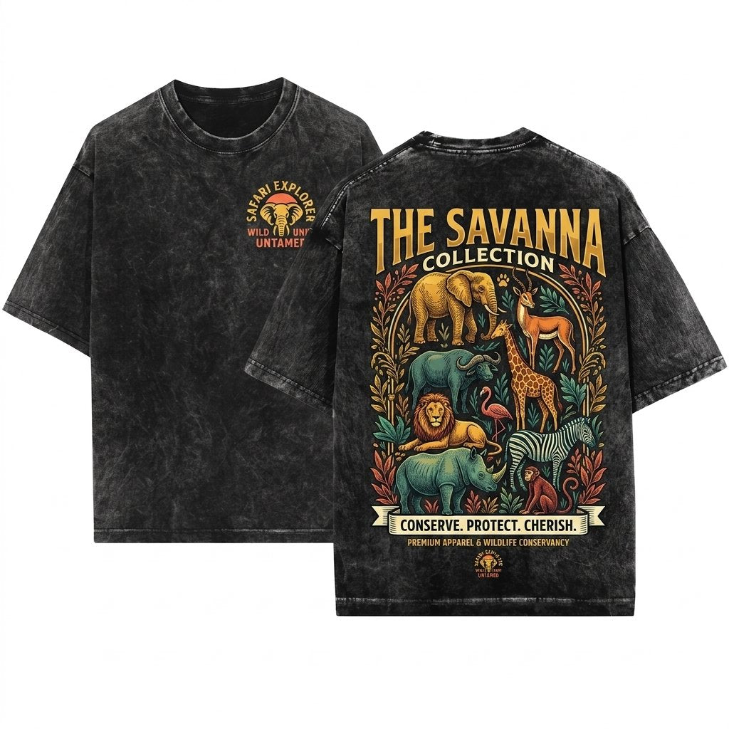 Vintage Safari Animals Wildlife Graphic African Nature Lover Gift Elephant Giraffe Zebra Art Top Unisex Wash T-Shirt