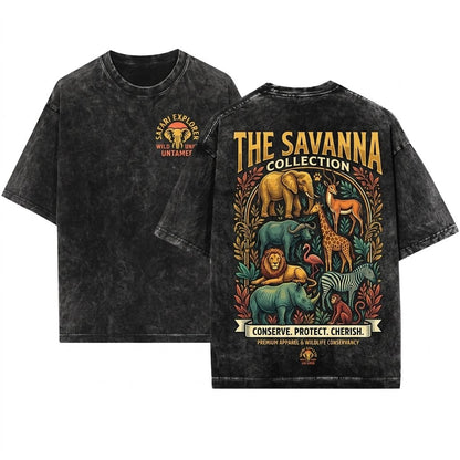 Vintage Safari Animals Wildlife Graphic African Nature Lover Gift Elephant Giraffe Zebra Art Top Unisex Wash T-Shirt