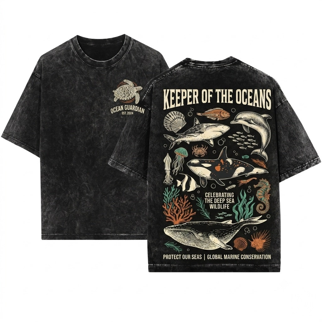 Vintage 90s Retro Ocean Nature Tattoo Sea Animal Whale Orca Turtle Dolphin Gift Unisex Wash T-Shirt
