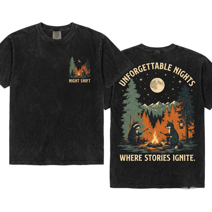 Retro Camping Raccoon Forest Campfire Wildlife Cozy Outdoor Adventure Nature Gift Unisex Wash T-Shirt