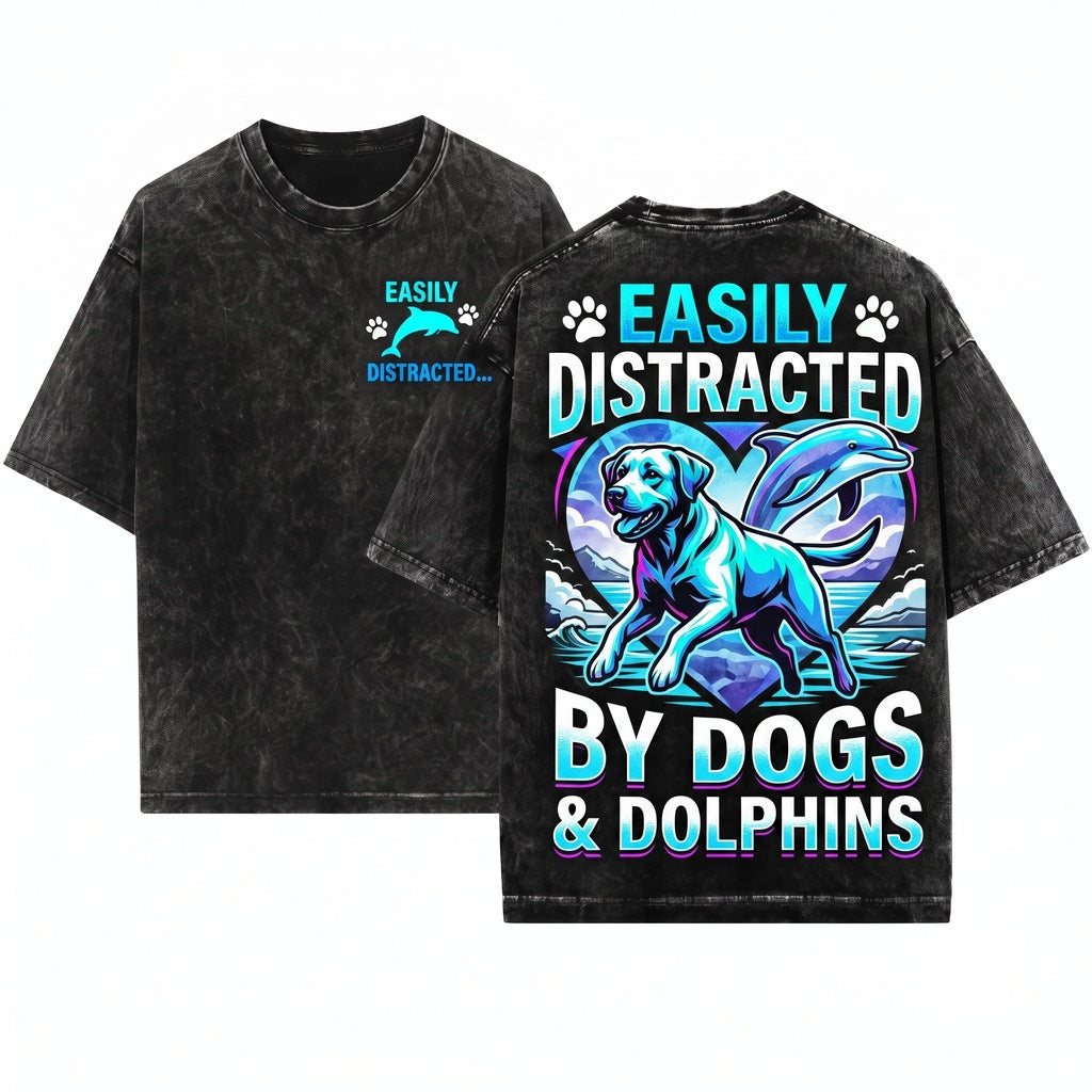 Easily Distracted by Dogs and Dolphins Cute Ocean Life Animal Lover Gift Pet Owner Vacation Heart Unisex Wash T-Shirt