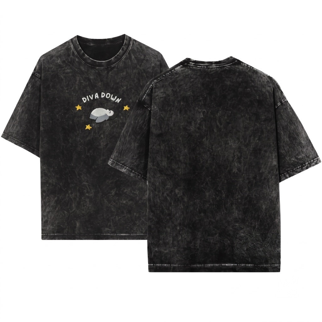 Diva Down Penguin Embroidered Funny Animal Graphic Apparel Heavyweight Unisex Wash T-Shirt