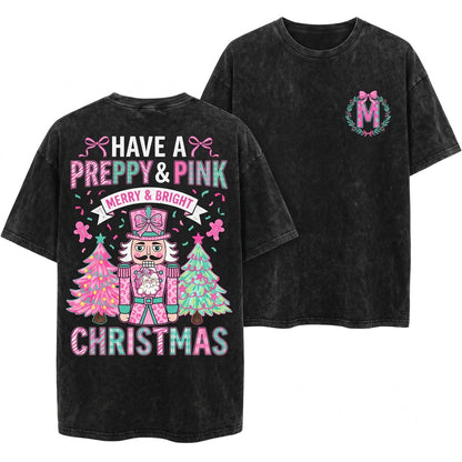 Brushstroke Pink Christmas Floral Tree Santa Merry Bright Varsity Nutcracker Joy Unisex Wash T-Shirt