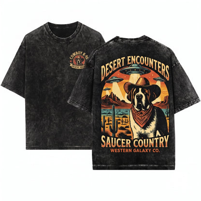 Vintage Saint Bernard UFO Western Cowboy Retro Alien Dog Gift Parents Unisex Wash T-Shirt