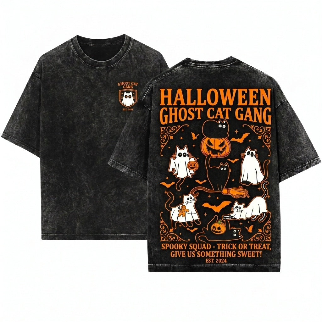 Black Cat Spooky Season Halloween Unisex Wash T-Shirt